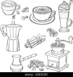 Set con varie bevande e macchine per il caffè. Illustrazione vettoriale disegnata a mano con contorno nero isolato su sfondo bianco. Espresso, cappuccino. Elementi per menu caffè, libro da colorare, stampa. Illustrazione Vettoriale