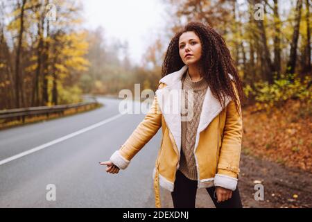 Hitchhiker afro capelli donna in attesa di una macchina sulla strada nella foresta in autunno. Donna con giacca gialla Foto Stock