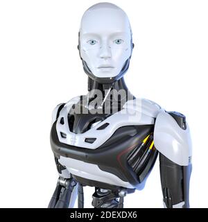 Robot android cyborg. Tracciato di ritaglio incluso. Illustrazione 3D Foto Stock