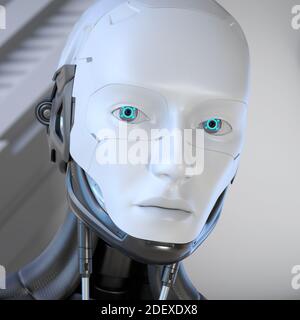 Primo piano della testa del robot Android. Illustrazione 3D Foto Stock