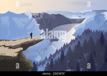 Belle montagne con fiume, turistico e uccelli. Illustrazione Vettoriale