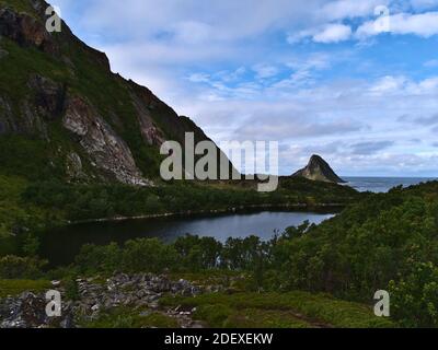 Vista del piccolo lago Solsvatnet situato sulla costa del mare norvegese vicino al villaggio Bleik, Andøya isola, Vesterålen, Norvegia circondato da piante. Foto Stock