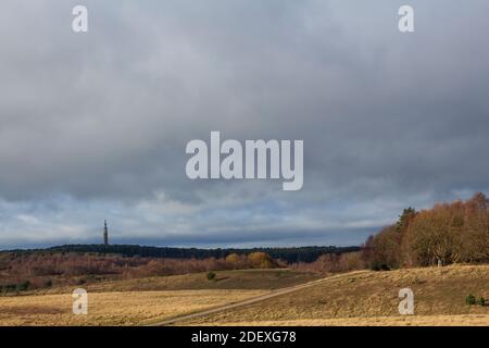 Vista a lunga distanza della Pye Green Tower da vicino al Cannock Chase Enterprise Center / Fives area di Cannock Chase, Staffordshire, Inghilterra, Regno Unito Foto Stock