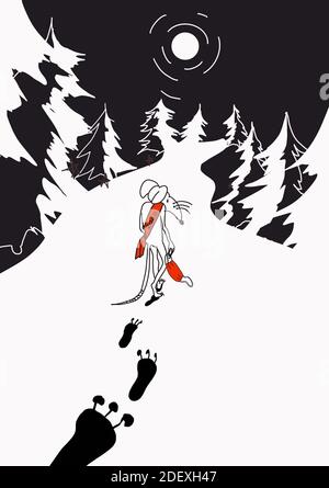 Un ratto triste, simbolo dell'anno con una maschera protettiva, si allontana lungo una strada forestale invernale di notte. La luna illumina gli abeti lungo il s. Foto Stock