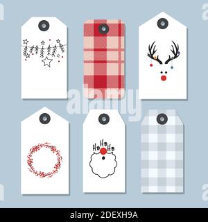 Set di etichette regalo di Natale vintage. Etichette semplici Deer, Chain, Wreath e Santa. Illustrazione Vettoriale