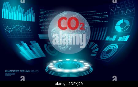 CO2 inquinamento atmosferico pianeta Terra. Grafico crescente del problema climatico dei danni. Ambiente ecologico pericolo anidride carbonica. Riscaldamento globale equilibrio serra Illustrazione Vettoriale