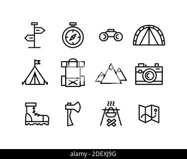 Set di line art viaggio campeggio icone escursioni Illustrazione Vettoriale