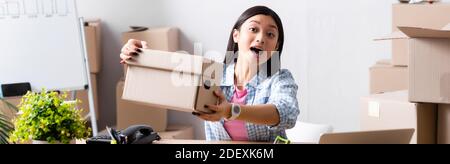 Volontario asiatico eccitato con bocca aperta che mostra scatola di cartone nel centro di carità, banner Foto Stock