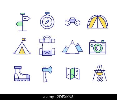 Set di line art viaggio trekking campeggi icone Illustrazione Vettoriale