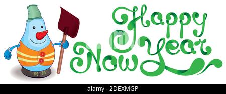 Pupazzo di neve felice. Favola invernale. Snowman vestita come un operaio di costruzione di strada, gilet con strisce riflettenti. Buon natale o felice anno nuovo greeti Illustrazione Vettoriale