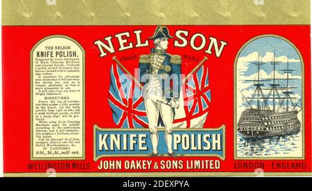 Etichetta del canister per Nelson Knife Polish di John Oakey & Sons Ltd circa 1895 Foto Stock
