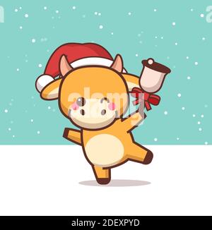 piccolo bue in cappello di santa tenuta campana felice cinese nuovo anno 2021 biglietto d'auguri carino mascotte cartoon vettore di carattere illustrazione Illustrazione Vettoriale