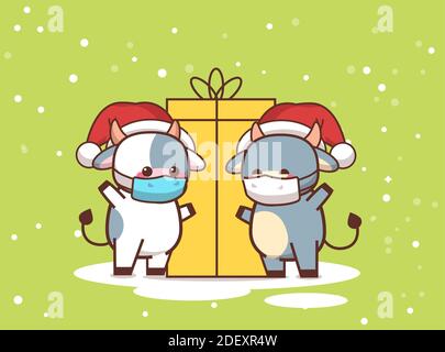 buoi piccoli in maschere in piedi vicino scatola regalo nuovo felice anno vacanze celebrazione concetto di quarantena coronavirus biglietto d'auguri carino mucche mascot cartoon caratteri intera lunghezza orizzontale illustrazione vettoriale Illustrazione Vettoriale
