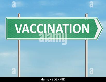 Concetto di vaccinazione. Segnale stradale sullo sfondo del cielo con la parola 'vaccinazione'. Illustrazione raster. Foto Stock