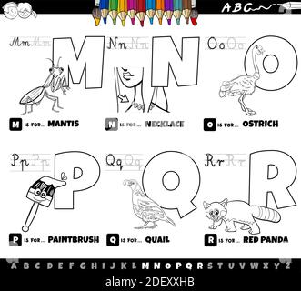 Cartoni animati in bianco e nero illustrazione delle lettere maiuscole dell'alfabeto set didattico per la pratica di lettura e scrittura per bambini da Colori da M a R Illustrazione Vettoriale