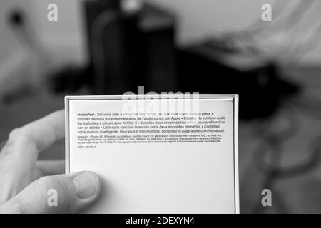 Francoforte, Germania - 17 novembre 2020: Scatola di cartone Homepod POV di uomo mano disimballaggio ultimi computer Apple HomePod Mini nuovo piccolo altoparlante intelligente con suono potente e assistente personale Siri Foto Stock