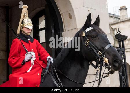 Londra, Regno Unito. 2 dicembre 2020. Un membro della Guardia di vita della Regina, parte della Cavalleria domestica, indossando la loro tradizionale tunica rossa, si erge al riparo fuori della Parata delle Guardie a Cavallo. Credit: Stephen Chung / Alamy Live News Foto Stock