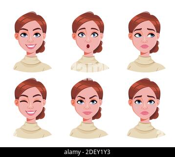 Espressioni del viso di donna carina con i capelli marroni. Diverse emozioni femminili. Bel personaggio cartoon. Illustrazione vettoriale stock Illustrazione Vettoriale
