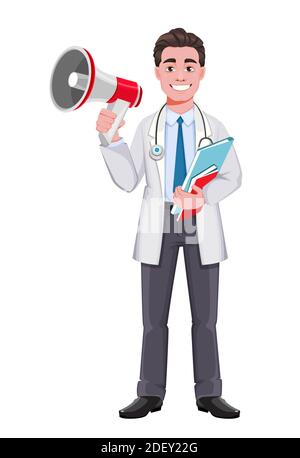 Stock vettore allegro medico personaggio cartoon. Bel dottore maschile facendo annuncio. Illustrazione vettoriale Illustrazione Vettoriale