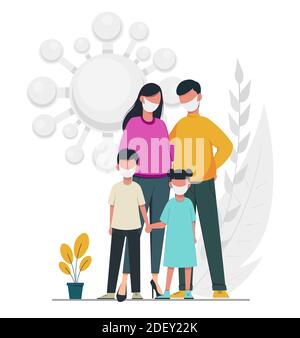 Vettore stock. Concetto di prevenzione del coronavirus. Famiglia in maschere durante l'epidemia di coronavirus. Illustrazione vettoriale Illustrazione Vettoriale