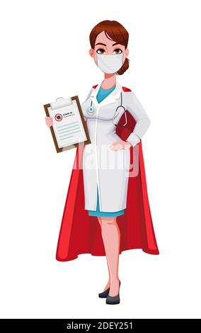 Stock vettore super medico personaggio cartoon. Bella giovane donna dottore. Illustrazione vettoriale Illustrazione Vettoriale