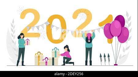 Vettore stock. Felice anno nuovo 2021. Donne che si preparano alla celebrazione. Illustrazione vettoriale Illustrazione Vettoriale