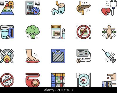 Set di icone a colori piatte per il diabete. Bruciore di stomaco, elettrocardiogramma, glucometro. Illustrazione Vettoriale