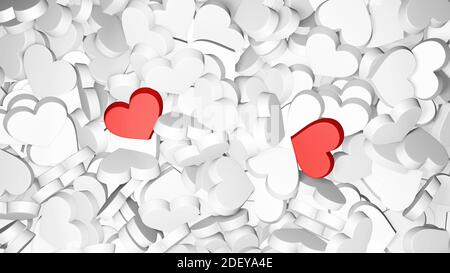 Sfondo d'amore di San Valentino con cuori bianchi e due cuori rossi. Illustrazione del rendering 3D. Foto Stock