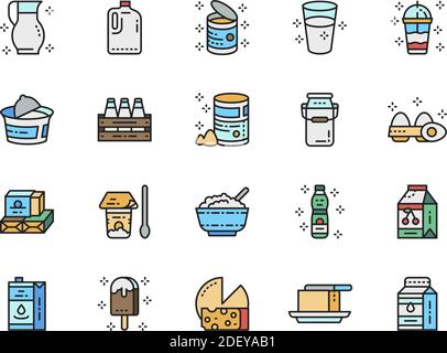 Set di icone a colori piatti per prodotti lattiero-caseari. Latte, Crema, Kefir, yogurt, Milkshake. Illustrazione Vettoriale