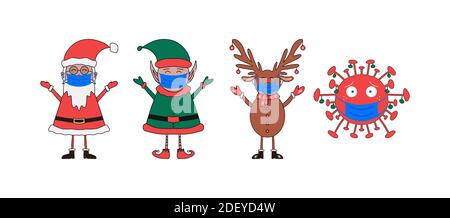 Set di personaggi natalizi, Babbo Natale, Elfo, cervo e backteria in maschere mediche isolate su sfondo bianco. Illustrazione Vettoriale