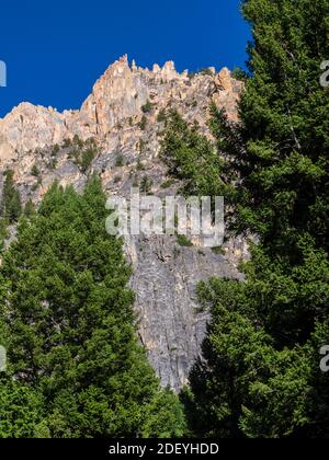 Sawtooth Mountain Peaks lungo il Redfish Lake Creek Trail, Sawtooth National Recreation Area, Stanley, Idaho. Foto Stock