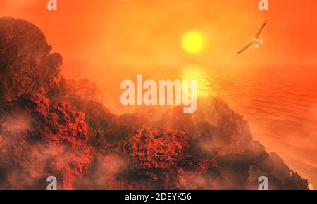 illustrazione 3d. Fantastico paesaggio del Mar marziano, con rocce, montagne e grotte, sole, riflessi d'acqua, nebbia e nuvole Foto Stock