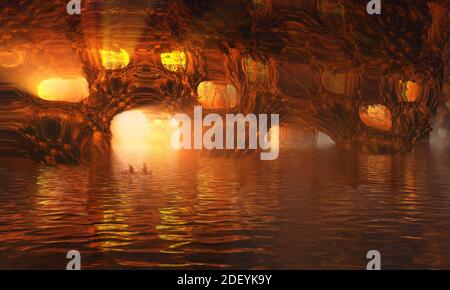 Fantastica immagine di rocce con grotte sull'acqua, con raggi di luce dai buchi nella roccia e le persone in barca. illustrazione 3d Foto Stock