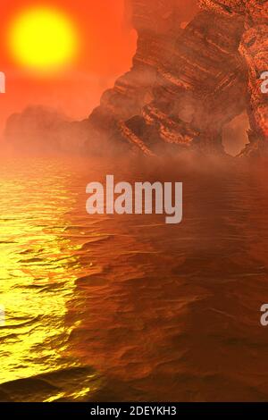 illustrazione 3d. Fantastico paesaggio del Mar marziano, con rocce, montagne e grotte, sole, riflessi d'acqua, nebbia e nuvole Foto Stock
