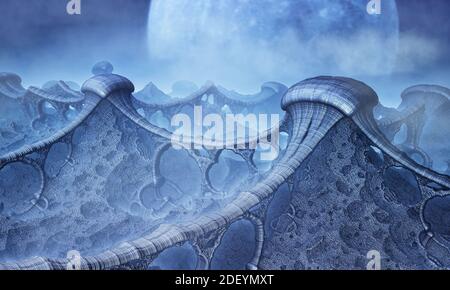 Fantastica immagine 3d della superficie di un altro pianeta con strutture frattali simili ai viadotti, con un pianeta sullo sfondo e le nuvole sul hor Foto Stock