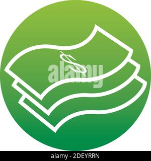 Icona di un set di Bill Flat in dollari vettoriali. Simbolo della nota bancaria sul pulsante del gradiente verde isolato su sfondo bianco. Icona per il tuo sito web design, logo, ap Illustrazione Vettoriale