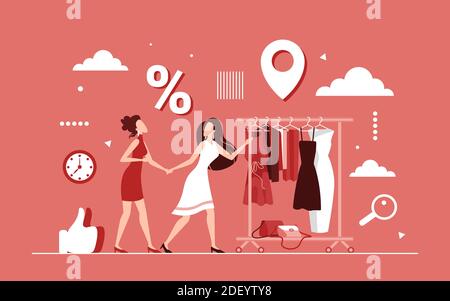 Illustrazione vettoriale del concetto di sconto per gli acquisti. Personaggi donna fumetti che corrono per acquistare abiti femminili, abiti appesi al dettaglio, negozio appendiabiti durante la vendita stagionale. Nuova collezione di moda di sfondo Illustrazione Vettoriale