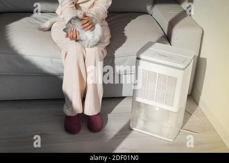 Donna con il suo gatto seduto accanto al depuratore o umidificatore in un soggiorno. Respirare con aria fresca a casa Foto Stock