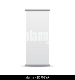 Arrotolare il banner. Mockup verticale su sfondo bianco. Modello per presentazione o esposizione. Spazio vuoto per l'annuncio. Banner per eventi aziendali. Vettore Illustrazione Vettoriale
