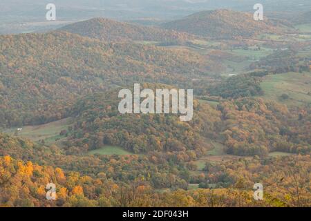 Il fogliame autunnale coperte le foreste nel Parco Nazionale di Shenandoah e Shenandoah Valley in Virginia. Foto Stock