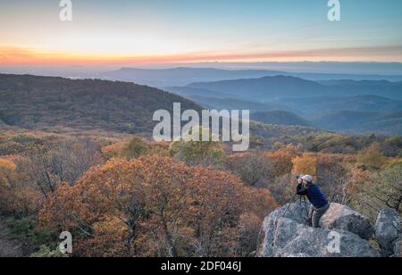 Un uomo scatta una foto al tramonto in autunno al monte Bearfence nel Parco Nazionale di Shenandoah, Virginia. Foto Stock