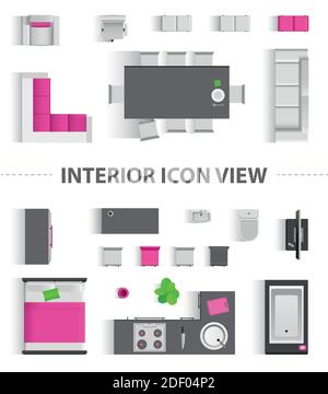 Impostare la vista dall'alto per il design delle icone degli interni. Illustrazione vettoriale isolata. Icona vista dall'alto interna piatta Illustrazione Vettoriale