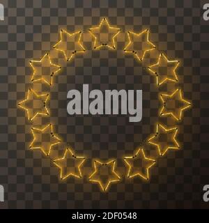 Cornice rotonda composta da neoni dorati luminosi a forma di stella, dima su trasparente Illustrazione Vettoriale