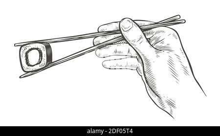 Sushi e chopsticks schizzo. Vettore vintage sketch cibo asiatico Illustrazione Vettoriale