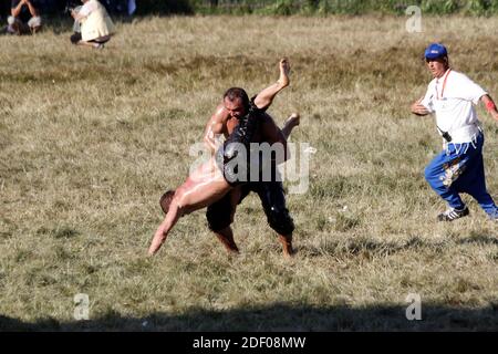 Lottatori che lottano nel tradizionale wrestling ad olio Kırkpınar tenuto Ogni anno in Turchia Edirne Foto Stock