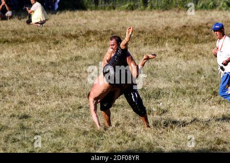 Lottatori che lottano nel tradizionale wrestling ad olio Kırkpınar tenuto Ogni anno in Turchia Edirne Foto Stock