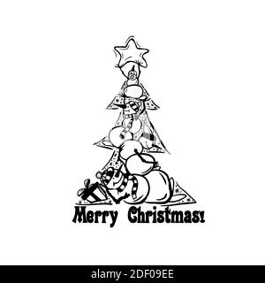 Libro da colorare per bambini. Buon Natale card. Albero di Natale fatto di pupazzi di neve. Illustrazione vettoriale Illustrazione Vettoriale