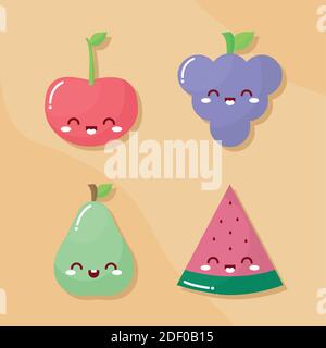 gruppo di quattro frutti kawaii con un sorriso Illustrazione Vettoriale