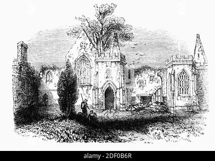 Una vista del 19 ° secolo delle rovine di Wingfield Manor, costruito nel 1441 per il Tesoriere di Enrico VI, Sir Ralph Cromwell, vicino al villaggio di South Wingfield, Derbyshire, Inghilterra. John Talbot, il secondo conte di Shrewsbury, acquistò la proprietà e i suoi successori mantennero il maniero per i prossimi duecento anni. Al tempo della guerra civile inglese, il maniero era nelle mani di Filippo Herbert, IV conte di Pembroke, sostenitore del Parlamento. Il maniero fu preso dai Royalisti nel 1643 e poi, dopo un breve assedio, ripreso dal Parlamento nell'agosto 1644. Diversi grandi motori di assedio distrussero parte. Foto Stock