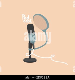 Microfono cardioide da studio per trasmissioni podcast. Microfono da tavolo su supporto. Per la registrazione vocale. Illustrazione vettoriale in stile di disegno manuale. EPS 10 Illustrazione Vettoriale